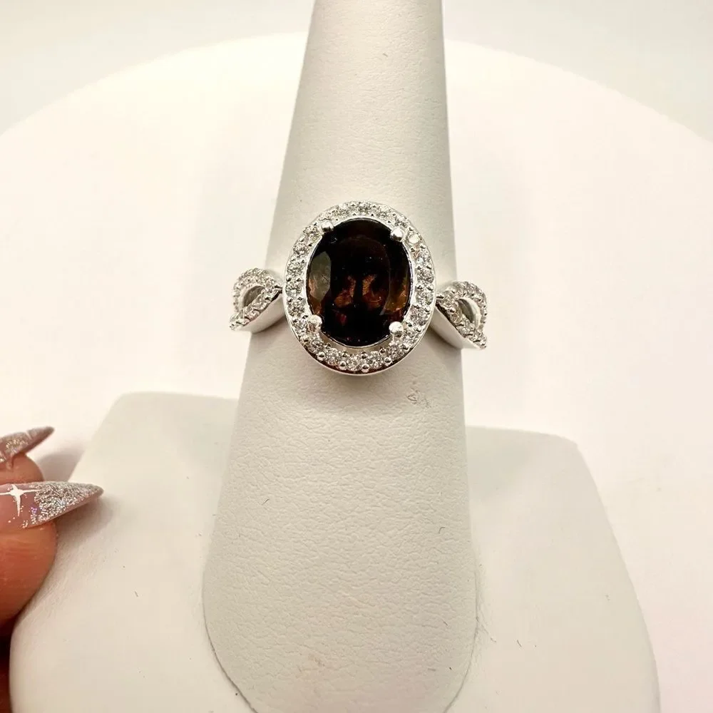 1.5ct Smokey quartz set in‎ solid sterling silver ring with cz diamonds!